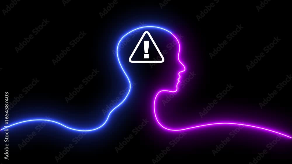 Poster glowing warning triangle icon inside man head, digital danger alert concept on dark background. conc