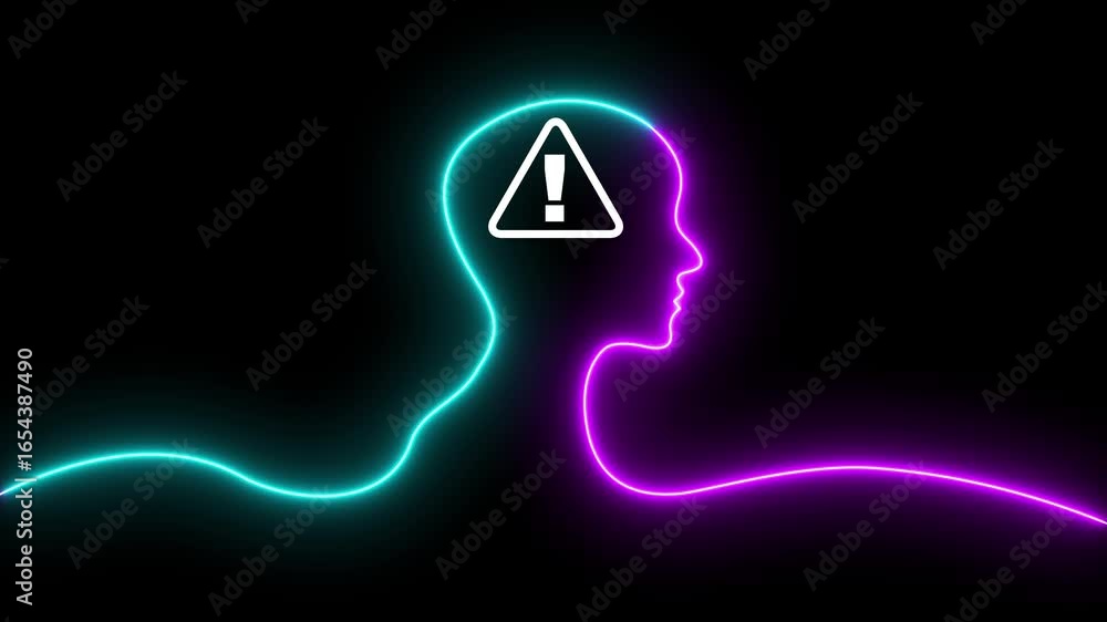 Poster glowing warning triangle icon inside man head, digital danger alert concept on dark background. conc