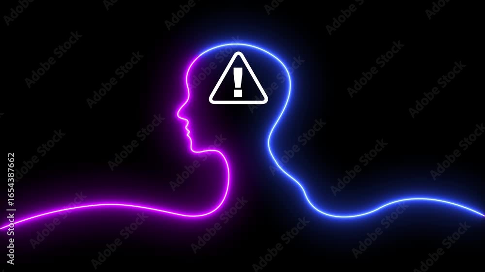 Poster glowing warning triangle icon inside man head, digital danger alert concept on dark background. conc