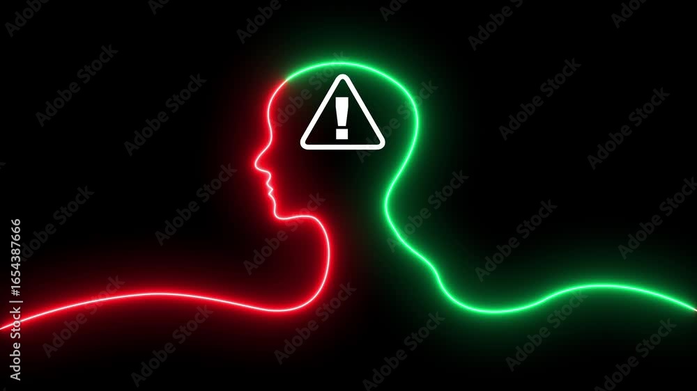 Poster glowing warning triangle icon inside man head, digital danger alert concept on dark background. conc