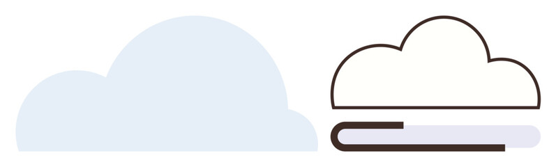 Blue cloud silhouette and stylized outlined cloud merging with a book-thumbs up base. Ideal for technology, innovation, education, library, cloud storage, data archive, simple flat metaphor