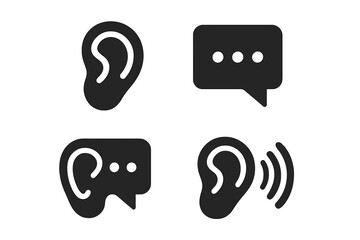 Improving Listening Skills Icon Set. Communication Ear Icons, Speech Bubble Vector Illustrations. Effective Conversation, Dialogue, Auditory Comprehension, Feedback, Active Listening Concept EPS