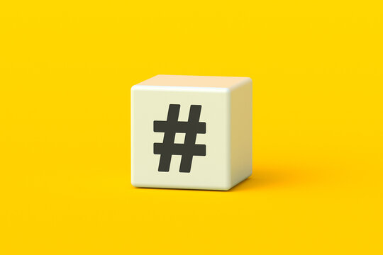 Hashtag sign on cube. Sharing trending information on the Internet. Content promotion. Social media concept. 3d render