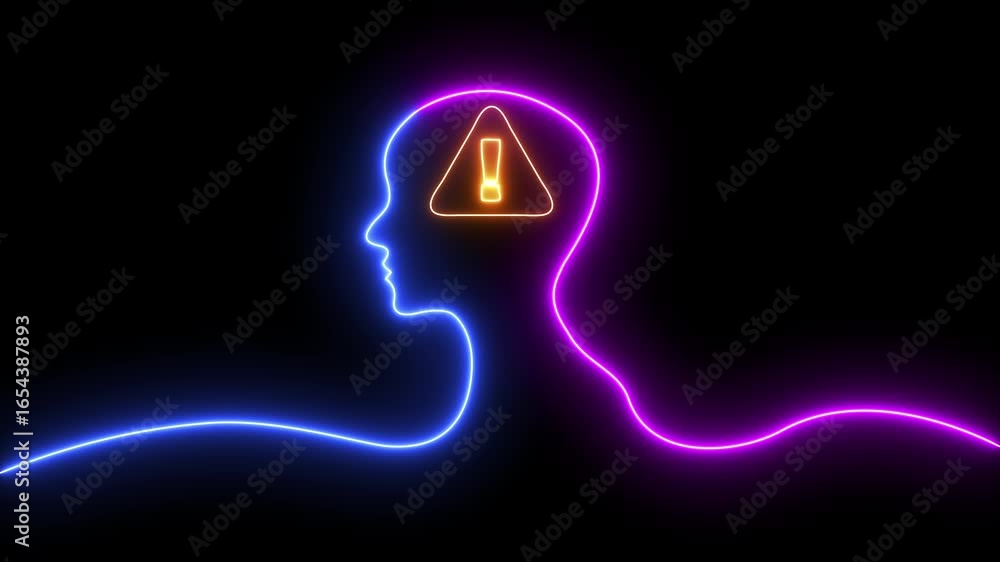 Poster neon line warning triangle icon inside man head, digital danger alert concept on dark background. co