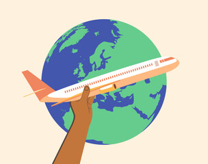 African male hand holding an airplane in front of planet Earth, symbolizing global travel, freedom and tourism