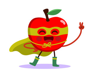 Playful apple character dressed as a superhero making a victory gesture, perfect for nutrition campaigns, kids branding and educational vector illustration