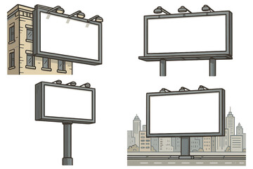 Urban Billboard Vector Set. Collection of Modern Outdoor Advertising Billboard Designs. Empty City Billboard Illustration. Urban Marketing Signage Collection. Blank Ad Space in Cityscape.