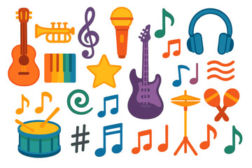 Obraz premium Set of colorful music icons. Cartoon vector illustration of musical instruments and symbols like guitar, drum, bass, mic, and notes. Flat design elements for sound, song, concert.