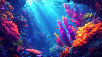 Naklejka premium A vibrant illustration of an underwater coral reef teeming with marine life, but with no animals present.