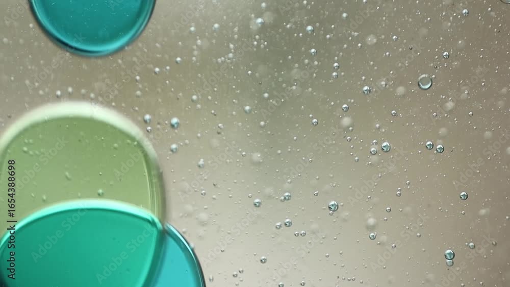 Poster close-up of blue and green liquid with floating bubbles and blobs in motion inside a lava lamp, view