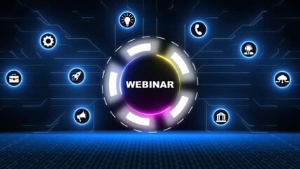Webinar concept with financial icons on a futuristic digital interface - Powered by Adobe