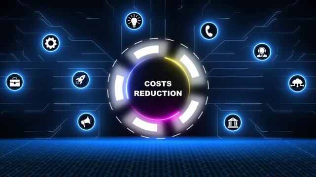 Animated digital network displaying costs reduction concept and business finance.