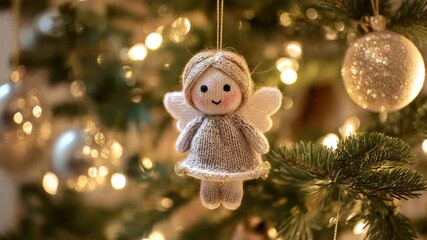 hanging knitted angel figure on decorated christmas tree animation - Powered by Adobe