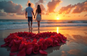 Romantic couple walks hand-in-hand along beach at sunset. Red rose petals form heart shape on wet sand near shoreline. Gentle waves lap coast under warm, colorful sky, creating intimate, serene