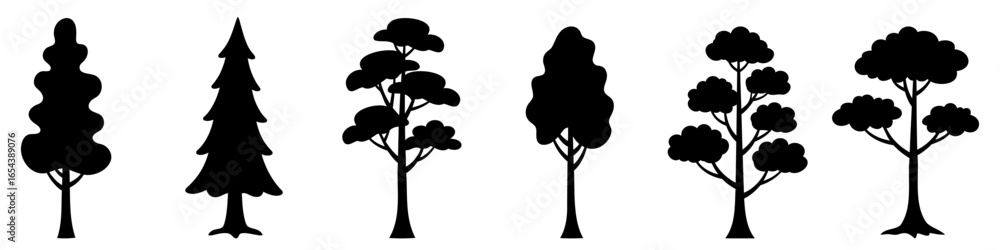 Poster tree icons. black tree icons of various shapes isolated on white background. vector illustration.