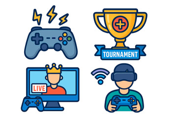 Video game icon set for esports and streaming. Gamer culture concept with VR, tournament trophy, live streamer and controller. Vector cartoon illustration for online competition.