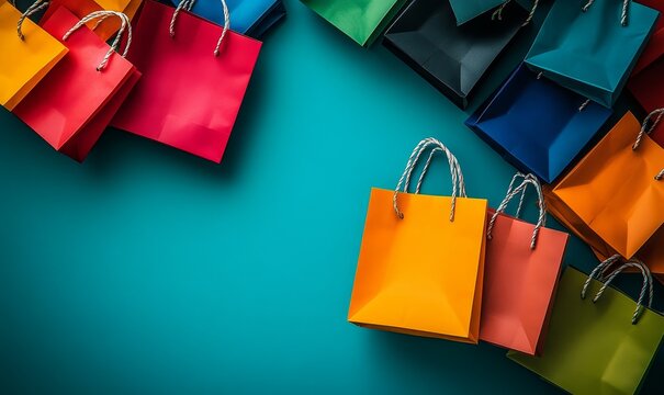 Vibrant shopping concept with colorful shopping bags scattered in a visually appealing arrangement. This symbolizes the excitement of a successful shopping spree, reflecting retail joy, Generative AI - Powered by Adobe