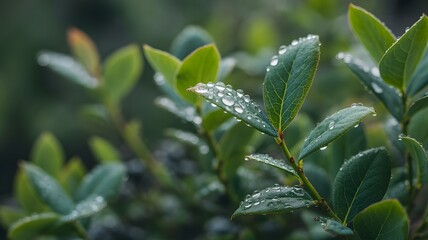 Obraz premium Fresh green leaves glistening with dewdrops, captured in a serene close-up shot