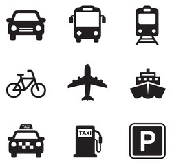 Black Silhouette Transportation and Travel Icon Set – Car, Bus, Train, Bicycle, Airplane, Ship, Taxi, Gas Station and Parking Symbols | Minimal Vector Pictogram Pack for Navigation, Public Signs, Maps