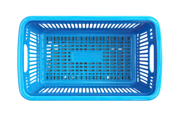 Overhead view of a bright blue plastic rectangular basket with a lattice pattern