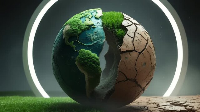 Split globe showing lush green earth and cracked dry land under glowing circular light concept of environmental change and climate contrast