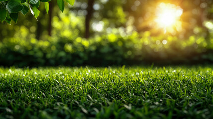 Naklejka premium Close-up of vibrant green grass lawn in sun-drenched park, with blurred trees and bright sunlight creating tranquil nature background