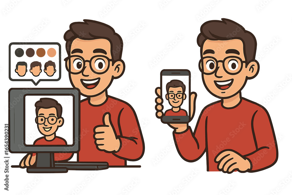 Fototapete digital avatar creation concept. man at computer with character builder. customizing profile picture