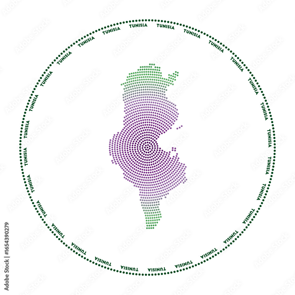 Poster tunisia round logo. digital style shape of tunisia in dotted circle with country name. tech icon of 