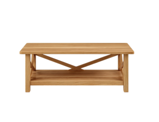 Light-colored wooden coffee table with a simple, rustic design.  A rectangular tabletop rests atop a lower shelf.  X-shaped supports connect the tabletop and shelf