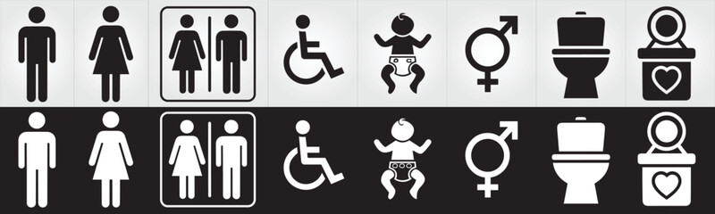 Public Restroom and Toilet Signage Icon Set – Male, Female, Unisex, Family, Accessible, Baby Care, Gender Neutral, and Toilet Symbols | Black Vector Pictograms for Washroom & Facility Signage