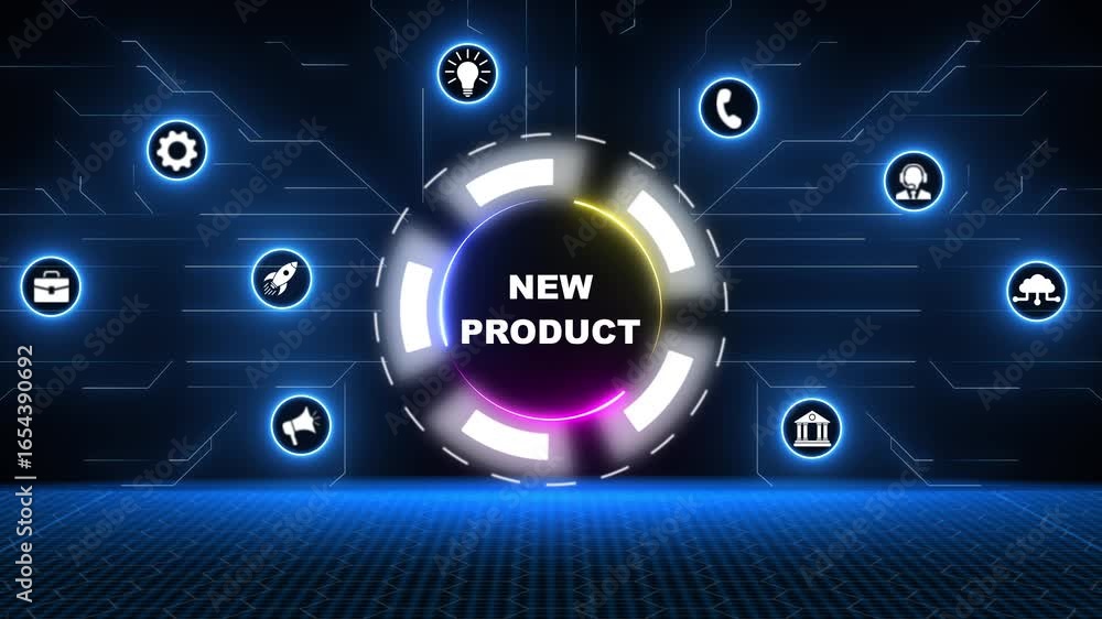 Poster digital interface showcasing a new product launch with various business icons