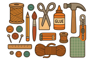 Set of crafting tools for handmade DIY projects. Vector illustration of creative supplies for artists and hobbyists. Includes scissors, glue, thread, hammer, pencil, and brush.