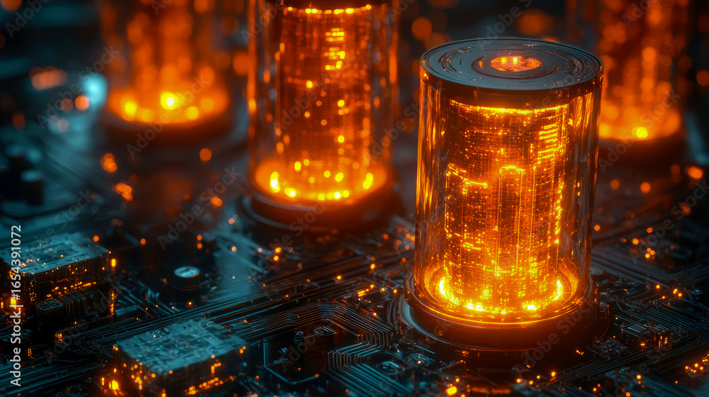 Aufkleber vibrant digital cityscapes illuminating futuristic circuit board, symbolizing advanced ai and data p