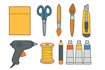 Crafting tools and art supplies set for DIY projects. Vector illustration of creative hobby equipment. Collection with scissors, brush, glue gun, paint, pencil for artists.