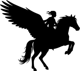 Winged Horse and Rider Silhouette Mythical Pegasus with Flowing Mane.

