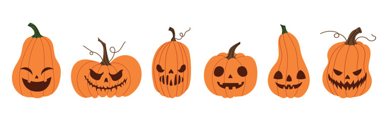 Collection of Halloween pumpkins with funny and scary jack-o-lantern faces. Vector illustration for party invitations, autumn decor, stickers, prints and seasonal designs.