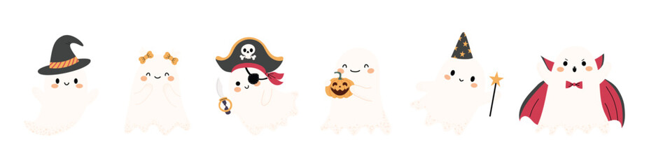 Set of cute Halloween ghosts in costumes witch, pirate, vampire, wizard. Funny spooky characters for cards, party invitations, stickers, t-shirts and holiday decor.