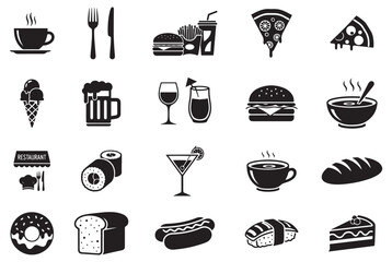 Food and Beverage Black Silhouette Vector Icon Set – Coffee Cup, Beer Mug, Wine Glass, Cocktail, Pizza, Burger, Hot Dog, Sushi, Bread, Cake, Ice Cream, Donut, Soup Bowl & More | Minimal Flat Pictogram