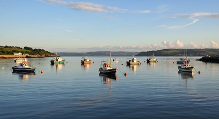 Fototapeta premium 穏やかな朝光輝く静かな入り江 小さな漁船が水面に映る. AI Generated