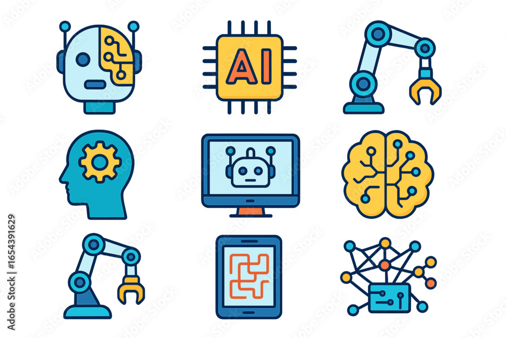 Poster artificial intelligence icon set. robotics and machine learning concepts. vector icons of robot head