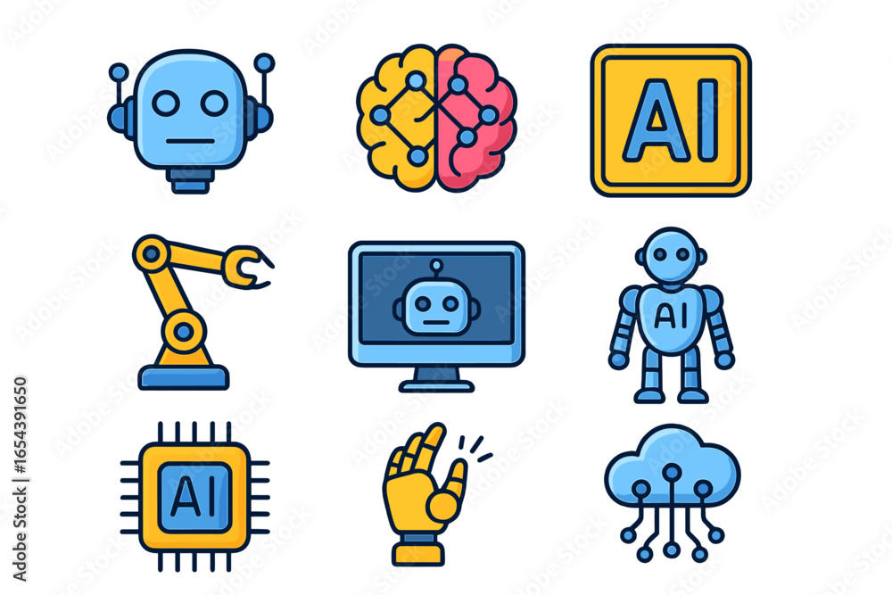 Poster artificial intelligence and robotics icon set. ai technology, robot, machine learning, automation, c