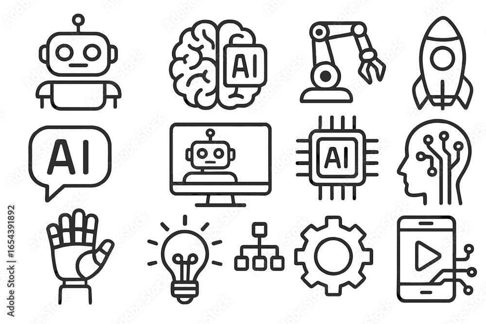 Poster ai icon set. artificial intelligence, robotics, machine learning. future technology, automation, inn