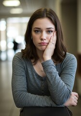 Portrait of a young woman looking bored or sad, leaning her head on her hand with her eyes looking down and away from the camera