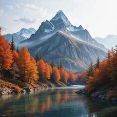 Paisaje montañoso con río y bosque otoñal