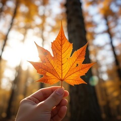 Hoja de arce en un bosque otoñal con luz de sol
