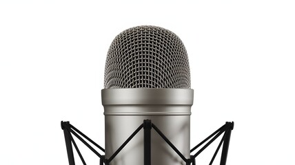 Close-up of a professional microphone with a metallic grille and shock mount against a white background