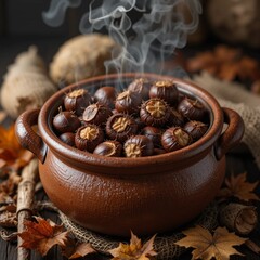 Castañas asadas en olla de barro con vapor otoñal