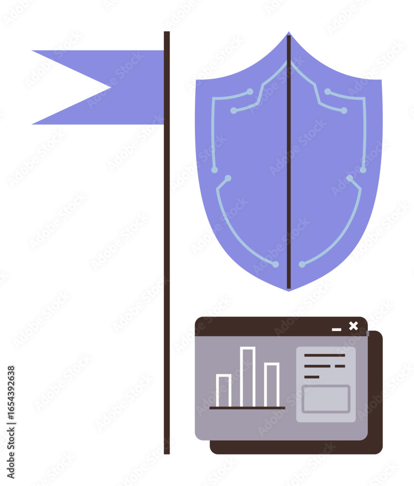 Poster shield with circuit design, flagpole with banner, and browser window with analytics chart. ideal for