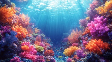 Fototapeta premium A vibrant illustration of an underwater coral reef teeming with marine life, but with no animals present.