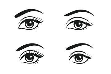 Set of female eyes with different eyelash extension styles. Woman eye and eyebrow icons. Beauty salon logo, makeup, cosmetology concept. Black and white vector illustration.